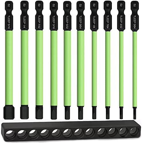 TLEEP 10 Pcs 1/4" Hex Head Allen Wrench Drill Bits 3.94" Long, SAE 5/64" to 5/16" Hex Key Drill Bit Set Magnetic Tips Screwdriver Socket Bit Set for Ikea Type Furniture(S2 Steel), New Version, 100MM