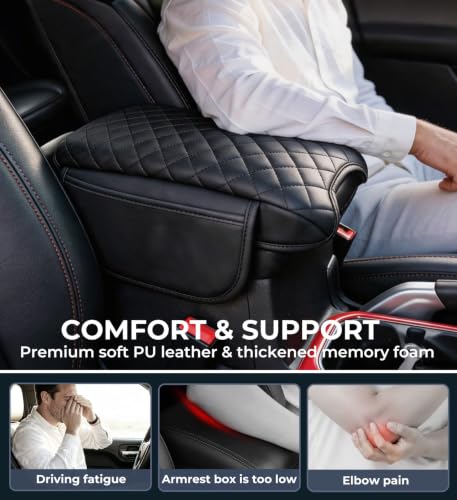 Image of Center Console Cover for Jeep Wrangler JL & Gladiator JT 2018-2026, 1.2-Inch Thick PU Leather Middle Armrest Cushion Protector Pad with 2 Side Pockets for 2018-2026 Wrangler & Gladiator, Black