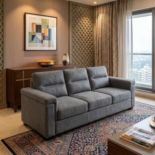 Image of FURNY Parker 3 Seater Fabric Sofa Set with Velvet Finish | Durable Comfort | Ideal for Living Room | Modern Design (Dark Gray)