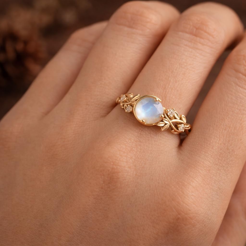 Round Cut Moonstone Engagement Ring 10K Yellow Gold Nature Inspired Diamond Accent Ring Art Deco Vintage Style Handmade Promise Ring Unique Fine Jewelry Gift for Her