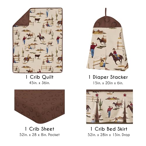 Image of Sweet Jojo Designs 4-Piece Baby Crib Bedding Set (Western Cowboy Print) for Boys, Infants /Nursery incl. Blanket, Fitted Sheet, Skirt, Diaper Stacker (Country, Farm, Horse Ranch, Wild West, Southern)