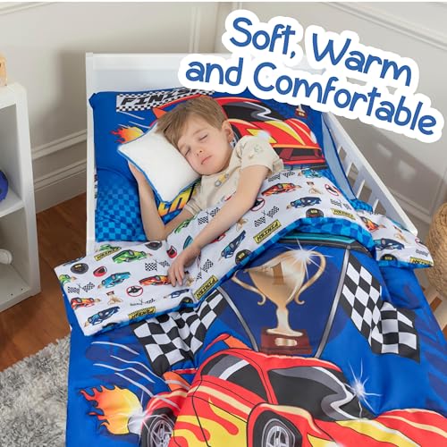 Image of Todays Kids 4-Piece Race Cars Toddler Bedding Set for Boys - Toddler Bed Sheets and Comforter Set with Reversible Comforter & Pillowcase, Flat Sheet, Fitted Sheet, Breathable & Super Soft Microfiber