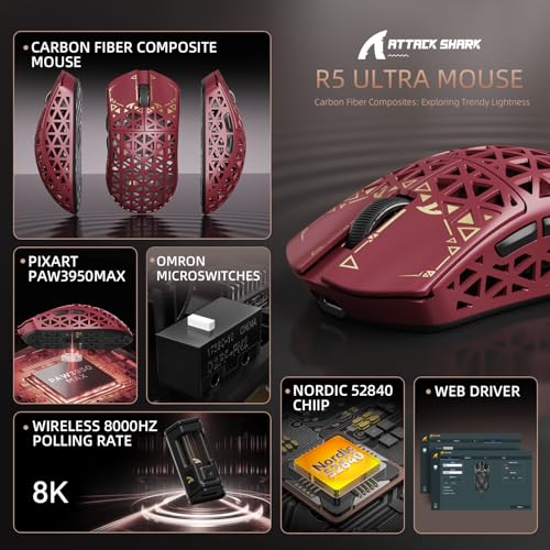 Image of ATTACK SHARK R5 Ultra Wireless Gaming Mouse,39g Superlight Carbon Fiber Hollowed-Out,PAW3950MAX Optical Sensor Nordic 52840 MCU 8K Polling 42K DPI,Tri-Mode Programmable Mice with Coiled Cable-Red