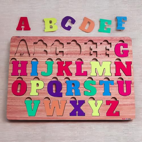 Image of Fiddlys Wooden Educational Jigsaw Puzzles for Toddlers & Preschoolers, Double Layered Wooden Puzzles with Bright Front & Back Print Alphabet Shapes and Numbers Learning, Toy (Alphabet)