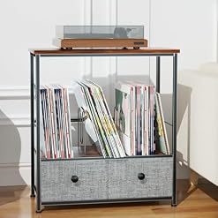 Record Player Stand with Vinyl Storage, 2-Tier Record Shelf Table with Fabric Drawer, Holds Up to 110 Vinyl Records, Record Player Table for Turntable and Albums, 23.62″D × 11.81″ W× 25.59″H - Les Beatles, Paul McCartney, John Lennon, RIngo Starr, George Harrison