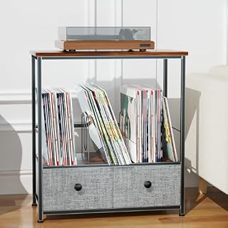 Record Player Stand with Vinyl Storage, 2-Tier Record Shelf Table with Fabric Drawer, Holds Up to 110 Vinyl Records, Record Player Table for Turntable and Albums, 23.62″D × 11.81″ W× 25.59″H - Les Beatles, Paul McCartney, John Lennon, RIngo Starr, George Harrison