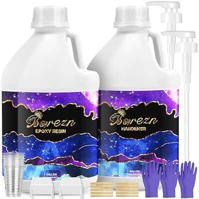 Bsrezn Epoxy Resin Kit 2 Gallon Kit with Pumps, Crystal Clear Easy Mix 1:1, Ideal for Bar Tables, Tabletops, Countertops & More (1Gallon x 2)