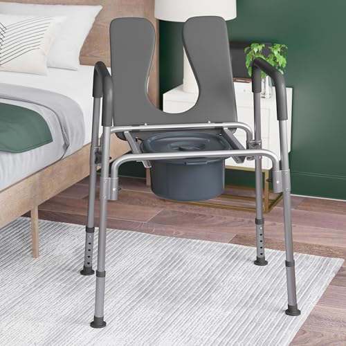 EMMA + OLIVER Maury Bedside Commode Chair with Arms, Portable Over The Toilet Chair with Safety Rail, Padded Seat & Armrests, Height Adjustable Shower Chair, Gray