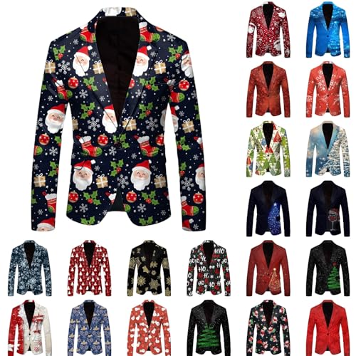 Men's Christmas Fashion Blazer Sparkle Snowflake Printed Coats Slim Fit One Button Jacket Party Dinner Prom Wedding
