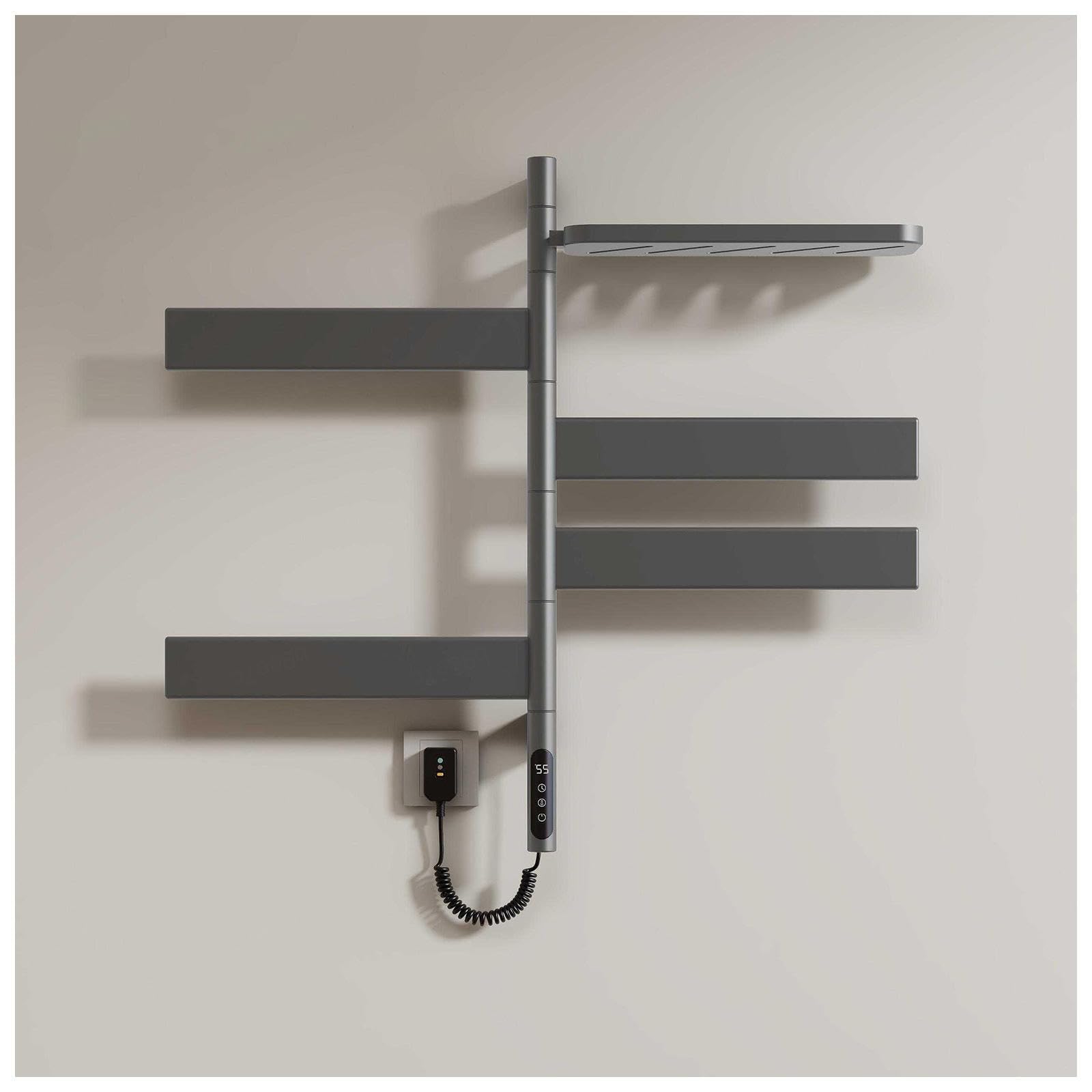 Calentador de toallas eléctrico de 180° para un baño moderno con pantalla LED y temporizador