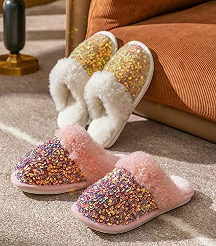 Women Fashion Sequins Plush Slippers Cozy Non-slip Home Slippers Thick Warm Memory Foam House Shoes for Women Girls2