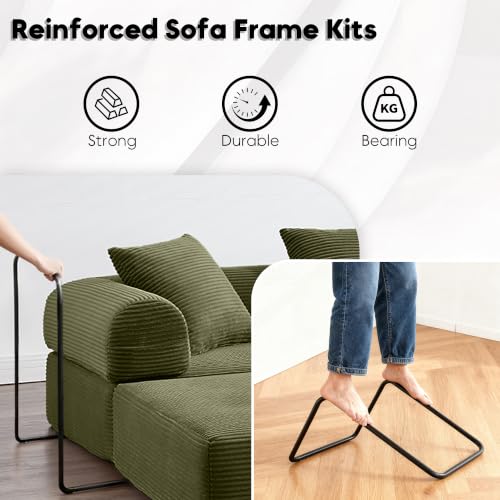 Image of L-Shape Modular Sectional Sofa Bed, Corduroy Boneless Couch, Olive Green