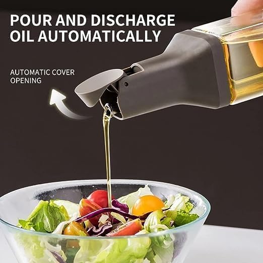 Image of Glass Oil Dispenser 500ml with Auto Flip Lid for Kitchen, Vinegar, Olive Oil, Soy Sauce | Leak-Proof Borosilicate Bottle, Measuring Scale, Non-Drip Spout & BPA-Free (Multicolor)