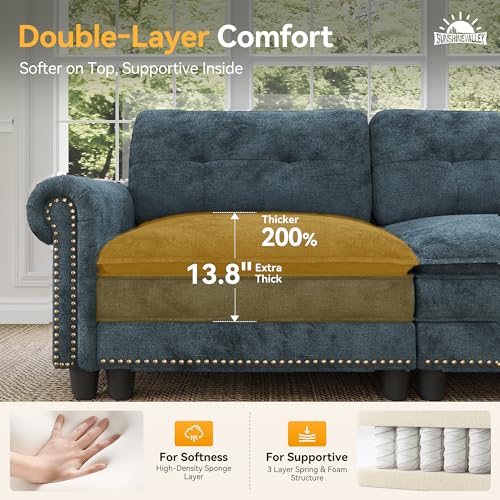Image of SUNSHINE VALLEY 73.2 inch Modular Cloud Loveseat with Extra Wide & Deep Seats, Oversized 2-Seater Mid-Century Modern Couch with Nailhead Trim and Throw Pillows for Living Room, Chenille Cyan