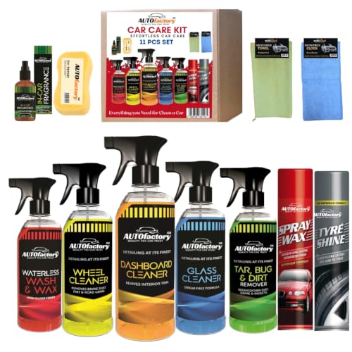 AUTOfactory 11 Pcs Car Cleaning Kit Car Wash Shampoo & Wax Glass & Wheel Cleaner Dashboard Spray Wax Tar & Bug Tyre Shine Microfibre Towel Wash Mitt Cleaning Cloth Air Con Refresher D1