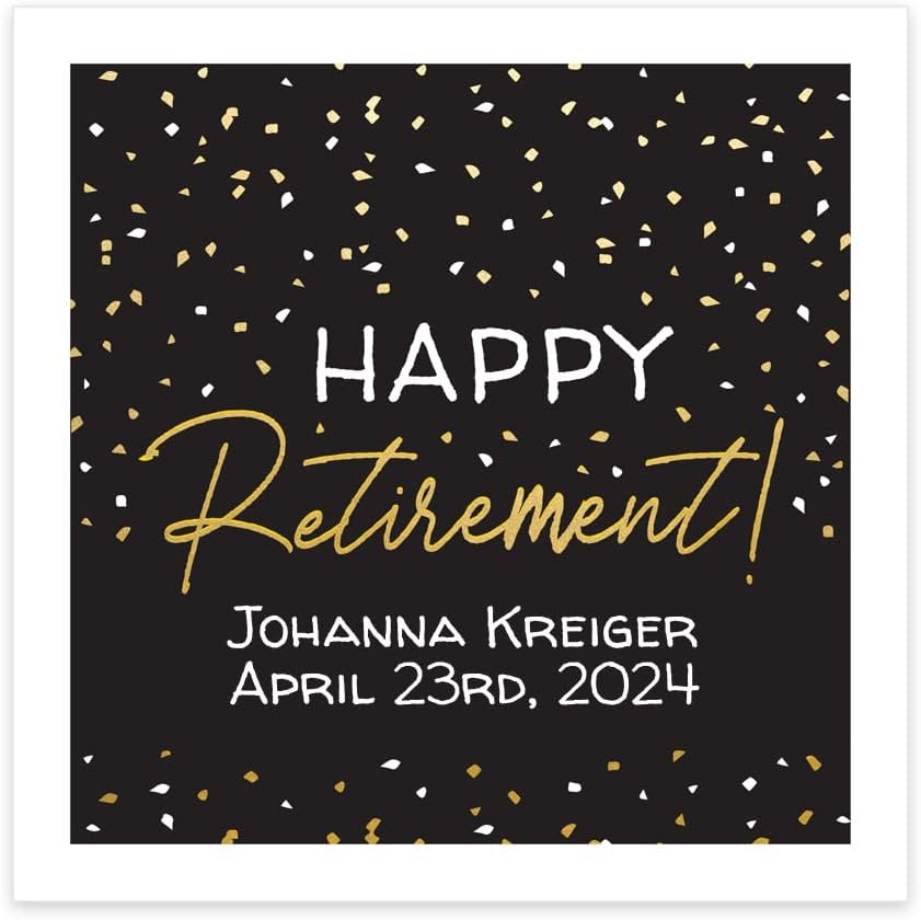 Happy Retirement Personalized Beverage Napkins / 100 Custom Cocktail Napkins/Black And Gold Confetti Design/Retired Surprise Party Supplies