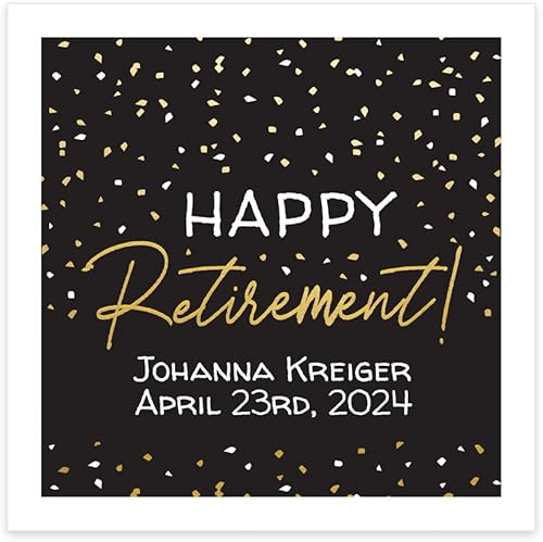 Servilletas personalizadas para bebidas Happy Retirement, 100 servilletas de cóctel personalizadas, diseño de confeti negro y dorado, suministros