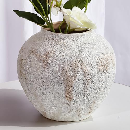 White Ceramic Vase Decor, Home Decorative Textured Round Vases for Kitchen Bedroom Office Living Room Bathroom Shelf Centerpiece Table Decorations