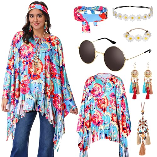 Joellfuner Déguisement Hippie Femme, 6 Pièces Hippie Costume Set Années 60 et 70, Tie-Dye Poncho Femme avec Bandeau, Collier, Boucles d'Oreilles et Lunettes...