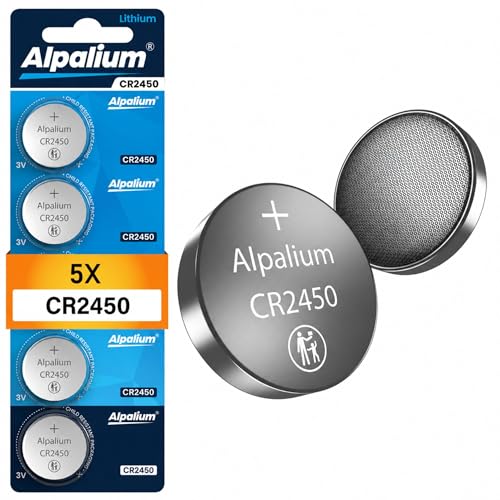 CR2450 Batterie Knopfzelle, 5er Pack, Alpalium 3V, Hohe Leistung für Fernbedienungen Schlüsselanhänger CPUs tragbare und medizinische Geräte, CR 2450 Premium Qualität & Lange Lagerfähigkeit