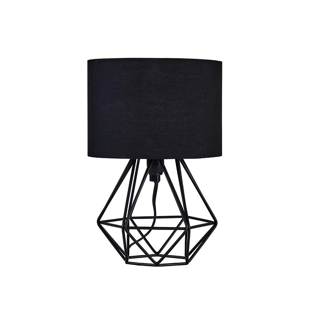 MiniSun | Small Modern Satin Black Metal Basket Table Lamp with a Black Fabric Shade | Table Lamps, Home Décor & Improvement Essential | Includes 4W LED Bulb [3000K Warm White]