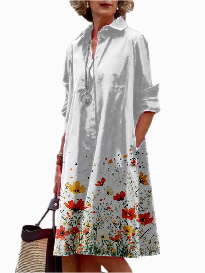 Shirt Dress for Women Floral Plus Size Long Sleeve Collared Button Down 2025 Summer Casual Midi Tunic Tshirt