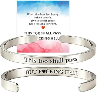 This Too Shall Pass But F*cking Hell Mantra 영감을 주는 커프 팔찌 | 숨겨진 메시지 동기 부여 컬러 손목 밴드 격려 자기 알림