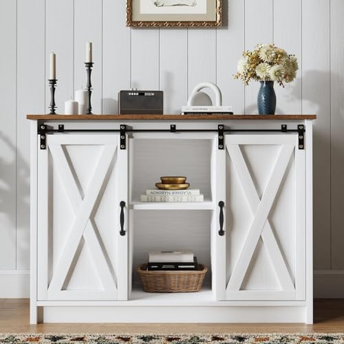 4 EVER WINNER Coffee Bar Cabinet with Sliding Barn Doors, 42”Farmhouse Buffet Cabinet with Storage for Kitchen, Coffee Bar with Adjustable Shelf for Dining Room, White