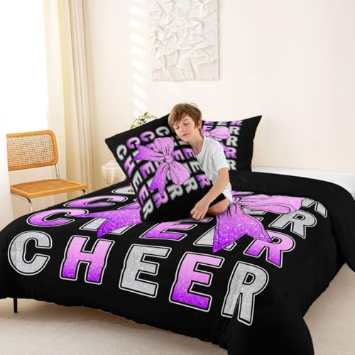 Image of Feelyou Bowknot Cheer Comforter Set Full Size Cheerleading Bedding Set for Kids Boys Girls Pink Purple Glitter Cheerleader Duvet Quilt Cheer Bow Bedroom Decor Microfiber 3 Pcs with 2 Pillow Cases
