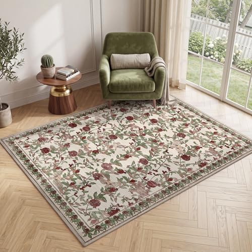 Image of TOPICK Rug for Bedroom 120x170 cm, Beige Red Vintage Floral Washable Carpet
