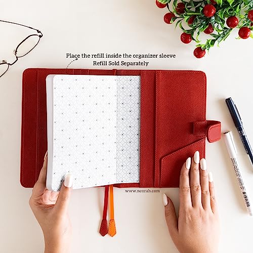 Image of NEORAH - B6 Notebook SLEEVE with SNAP Button - [ SLEEVE ONLY ]|Vegan Leather|Office Diary Holder with Penloop| 2 Front & 1 Back Pocket | 6 Card Slots |2 BookMarks - Fits any B6 Softcover - RED