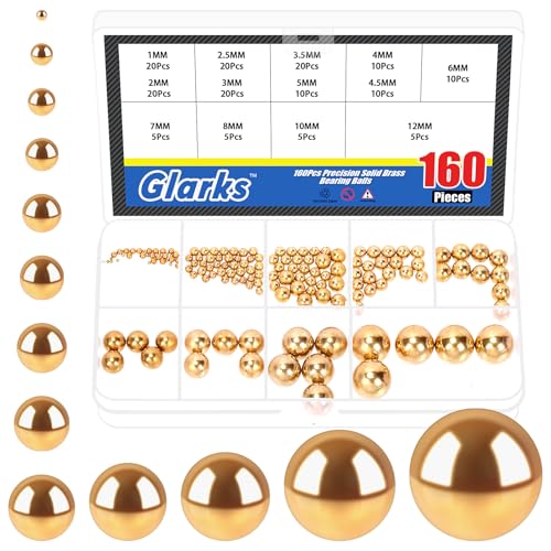 Glarks 160pcs 1-12mm 13 Sizes Precision Solid Brass Bearing Balls Assortment, Yellow Brass Hardness Round Ball, Industrial Ball Bearing for Machinery, Automotive, Valves, Ball Mill