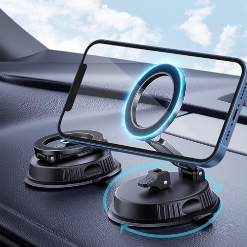 powerland Magnetic Vacuum Suction Phone Mount, Universal Suction Cup Phone Holder, 360° Rotatable Foldable Car Phone Mount with for Car/Gym/Mirror/Any Smooth Surface