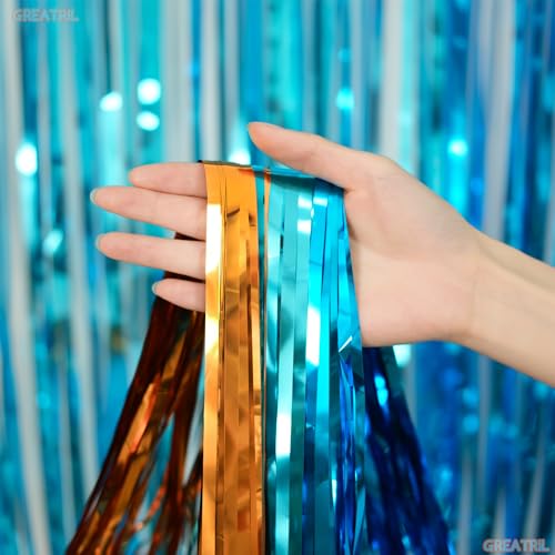 Image of Orange Blue Party Streamers Backdrop - GREATRIL Tinsel Fringe Curtain for Blue Dogs Themed Birthdays Decoration 2 Packs
