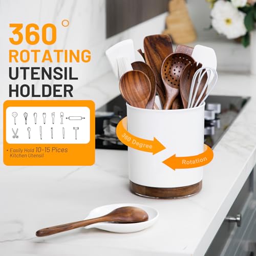 Image of Ceramic Rotating Utensil Holder with Spoon Rest for Kitchen Counter White