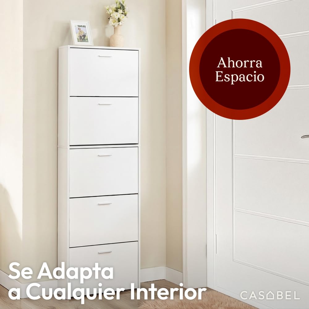 CASABEL Zapatero 15 Pares, Espacioso, Puertas y Marco Blanco | Organizador de zapatos, 5 abatibles, compartimentos abatibles, estrecho, ahorro de espacio, diseño moderno, montaje fácil