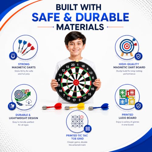 Image of 3-in-1 Magnetic Dart Board with Darts | One Side Dart Game, Other Side Ludo & Tic Tac Toe | Double-Sided Indoor Game Board for Kids & Adults | Safe Magnetic Darts for Home & Gifting