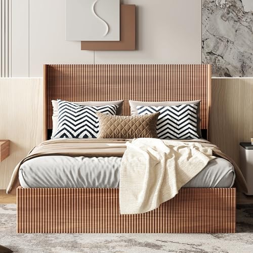 Image of Ball & Cast Queen Size Lift Up Storage Bed Frame with Wingback Headboard,Wooden Grooved Undulating Platform Bed Frame Queen with Hydraulic Storage,No Box Spring Needed,Rustic Brown