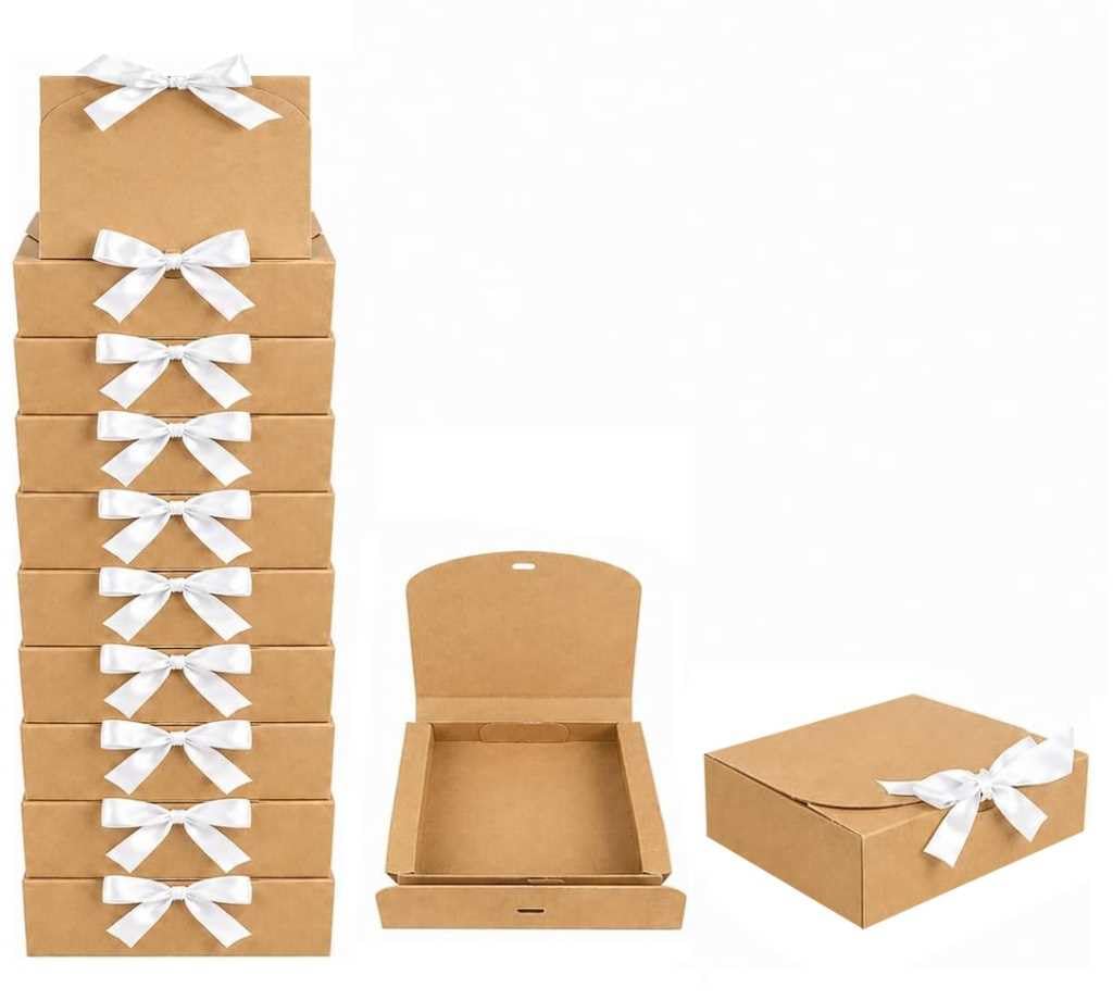 Emartbuy Brown Kraft Gift Box with White Ribbon – 31 x 25.5 x 8 cm – Fits Books, Photo Frames & Flat Gift Sets – Birthdays Weddings Christmas Corporate Gifting Trade Wholesale – Pack of 12