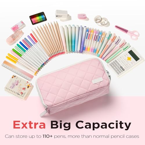 Image of Sooez Large Pencil Case Pouch, Extra Big Pencil Bag with 8 Compartments, Pen Bag Wide Opening, Soft Quilted Pencil Pouch Organizer with Zipper, Portable Pencil Case for Teen Girls, Rose Pink
