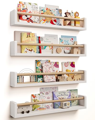 Image of Seocry Nursery Book Shelves, 4 Pack, Wall Book Shelves for Kids Room, Baby, Toddler, Nursery Decor (White Wood, 23 Inches)