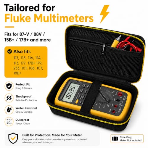 Image of Comecase Hard Case for Fluke 87V /88V /15B+ /17B+ and More Digital Multimeter | Hard Shell with Mesh Pocket & Elastic Strap, Stores Meter and Leads for Jobsite, Workshop and Travel, Black, Case Only