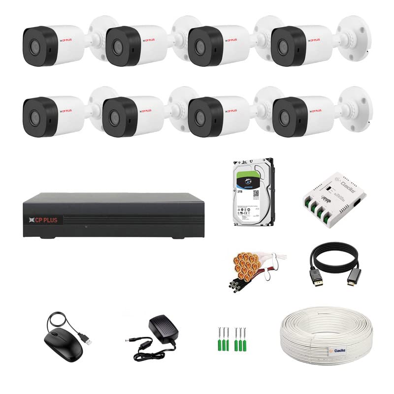 Image of CP Plus 8 Channel DVR with 5MP 8 Bullet Cameras (Day /Night Vision) + 2TB HDD + Copper Cable Roll (1+3) + 8 CH Power Supply + BNC & DC Full Combo Kit