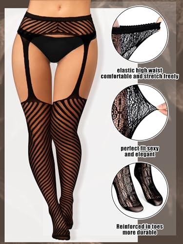 Image of Jadive 6 Pairs Women Plus Size Suspender Tights Fishnet Thigh High Stockings Garter Belt Lingerie Pantyhose