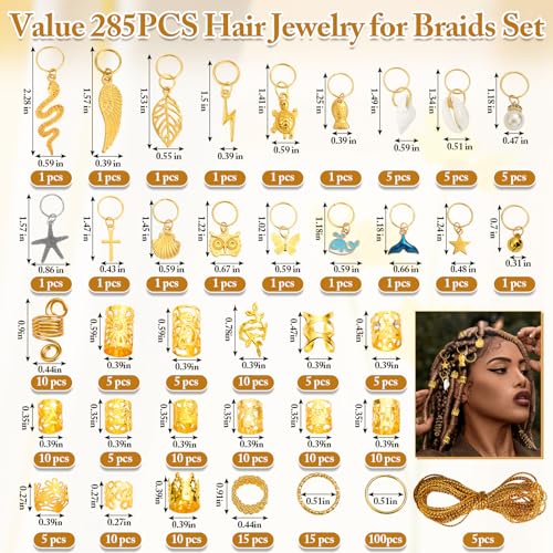 285PCS Gold Hair Jewelry for Braids, Gold Dreadlock Hair Accessories with Pendants Charms, Loc Jewelry for Hair Dreadlocks Rings Cuff Clips Charms for Braid Decoration4