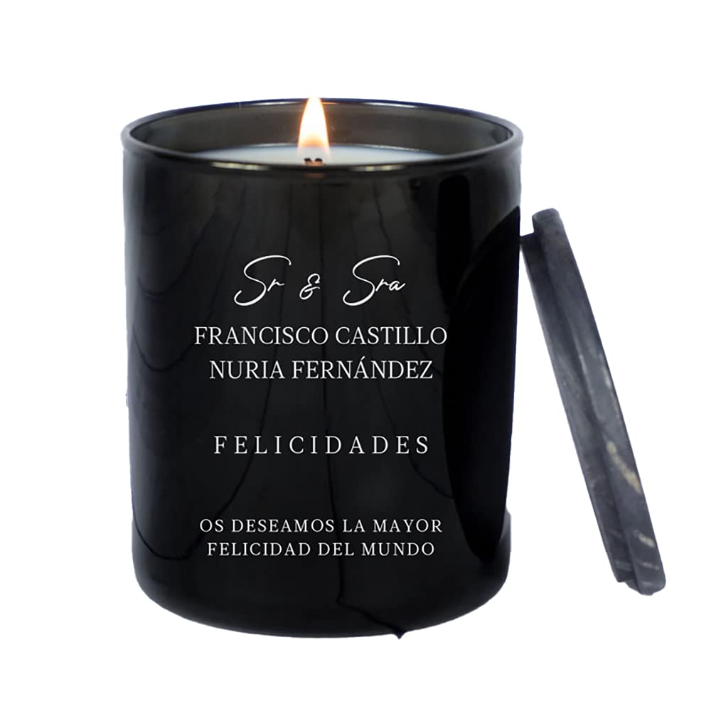 Vela personalizada para parejas grabada con título, nombres, felicitación y dedicatoria