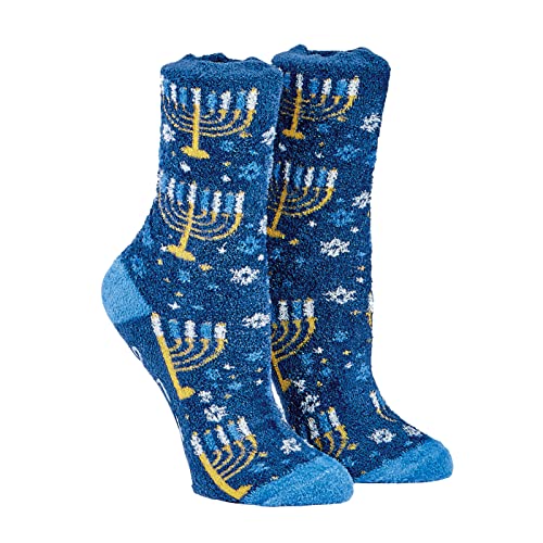 Menorah Hanukkah Fuzzy Socks - Cozy Winter Holiday Crew Socks Unisex Size 10-13 - Soft Festive Blue Menorah Design with Snowflakes - Perfect Warm Gift for Chanukah Celebration