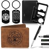 SilTriangle 4 Pcs Firefighter Gift for Men Include Retro Brown Wallet 6 in 1 Multi Tool Pen Retro Keychain 11-in-1 Credit Card Multitool Men Father Gifts for Birthday Party Favors