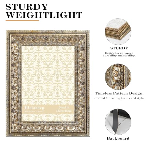 Image of VIOLABBEY 5x7 Picture Frame Gold, Vintage Photo Frame | Small Antique Ornate Frame, Wall or Tabletop Display, Classic Design for Home Office Decor, Fits 5x7 Pictures