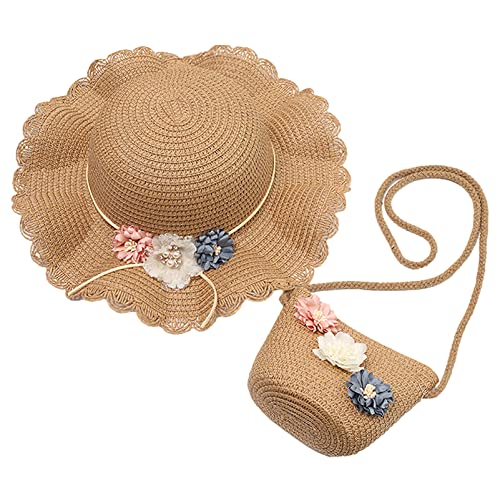 Anopo Conjunto de bolso y sombrero de paja para niñas, con borde de encaje, flores, perlas, verano, playa, sol, sombrero de princesa, bandolera, correa para la barbilla, C Caqui, talla única